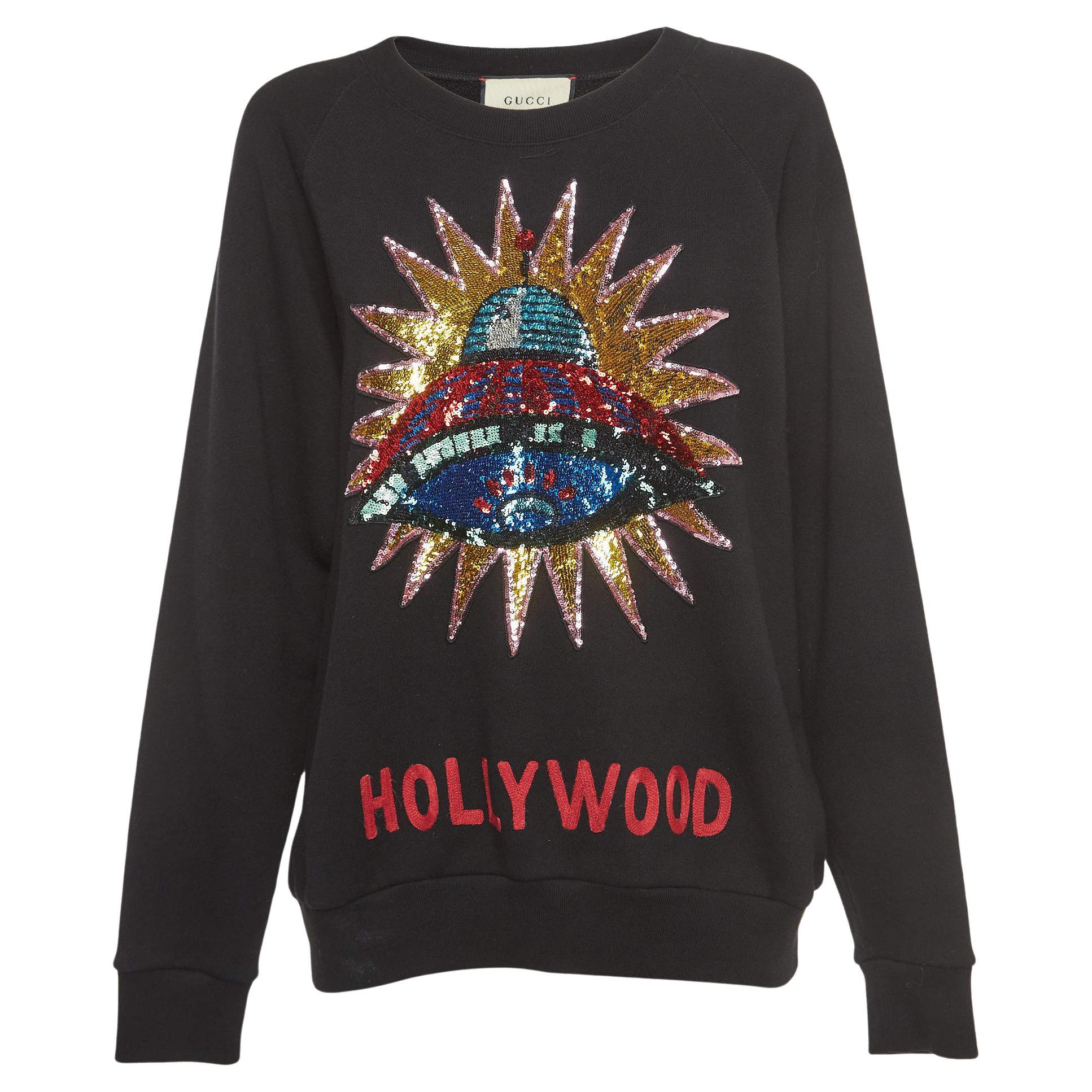 Gucci Black Cotton Knit UFO Embroidered Sweater S For Sale