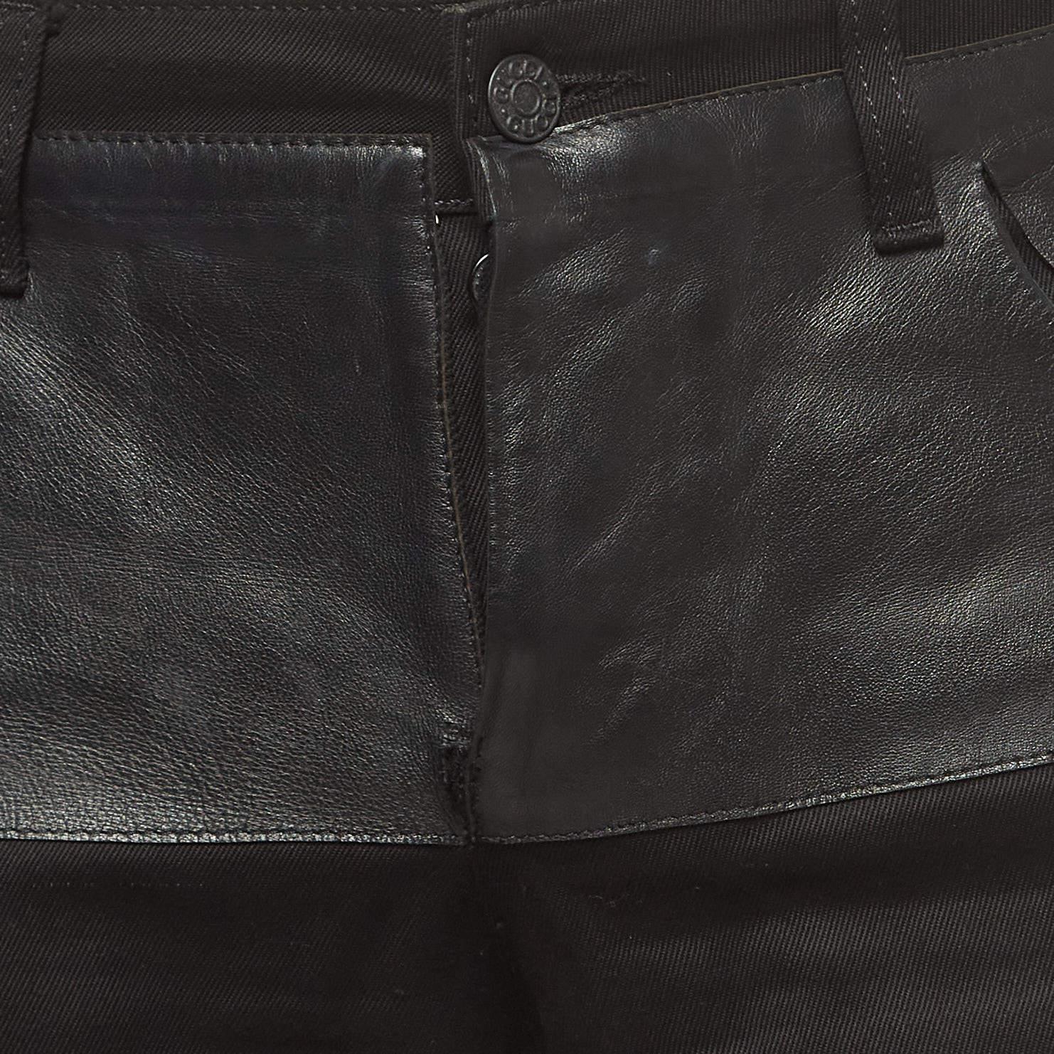 Noir Gucci Pantalon en coton garni de cuir noir XS en vente