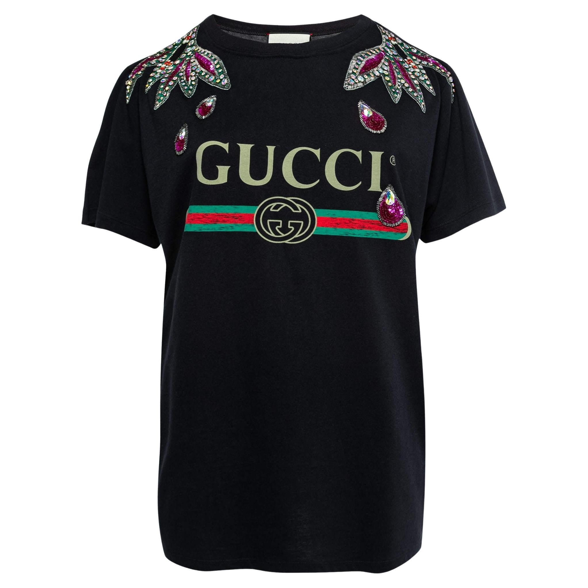 Gucci Black Cotton Logo Print Embellished T-Shirt S