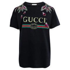 Gucci Black Cotton Logo Print Embellished T-Shirt S