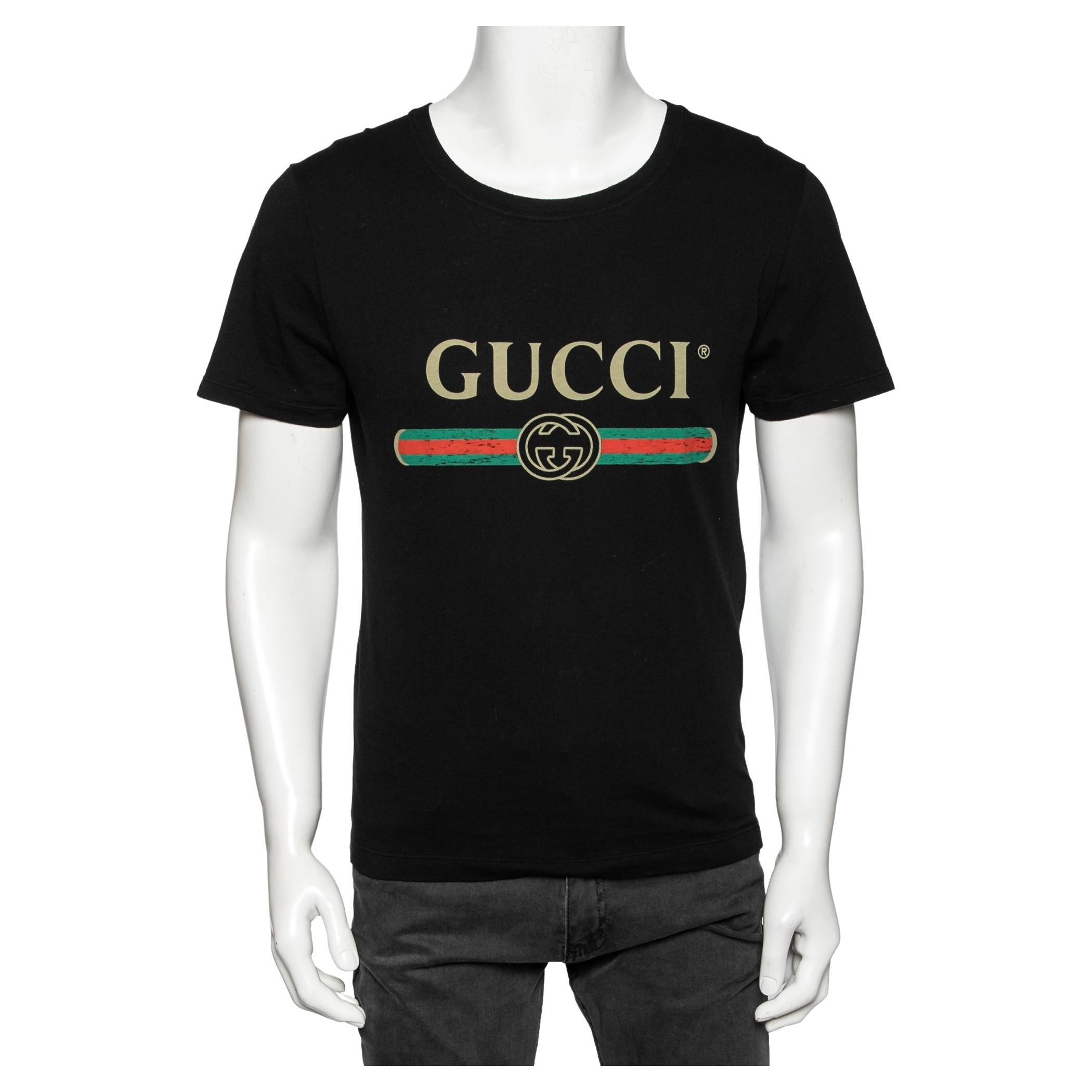 Gucci Black Cotton Logo Printed Crew Neck T-Shirt XS