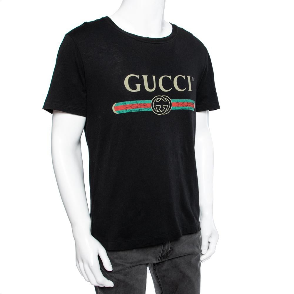 Gucci Black Cotton Logo Printed Crewneck T-Shirt S In Good Condition In Dubai, Al Qouz 2