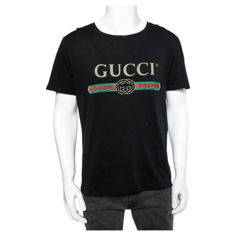Gucci Black Cotton Logo Printed Crewneck T-Shirt S For Sale at 1stDibs