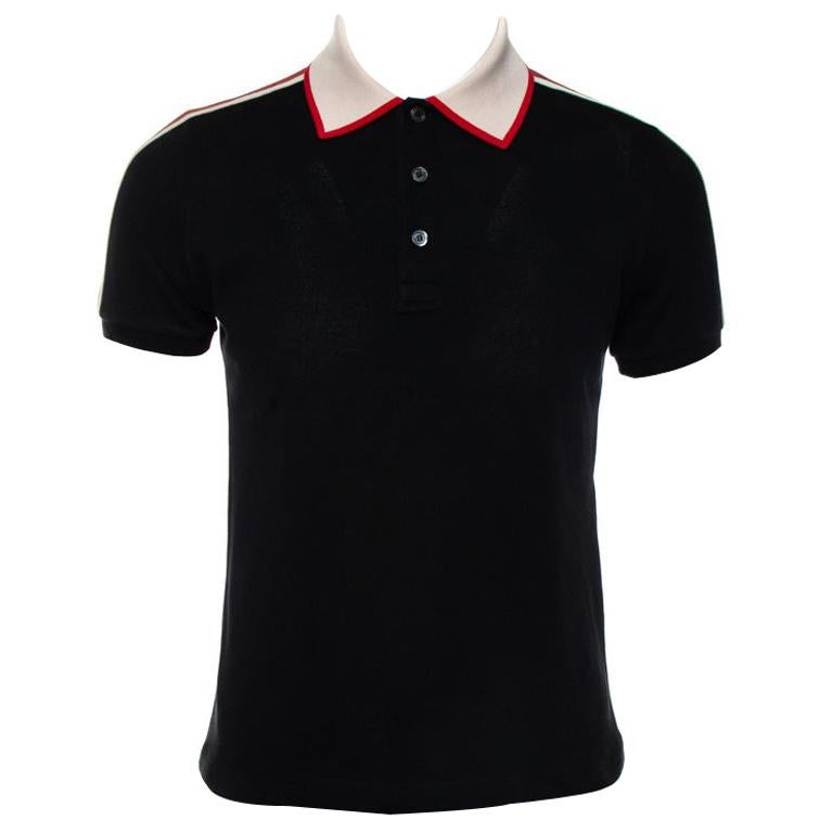 Gucci Black Cotton Pique Contrast Collar Web Trim Detail Polo Shirt S