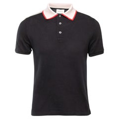 Gucci Schwarz Baumwolle Pique Logo Streifen Detailliertes Polo T-Shirt M