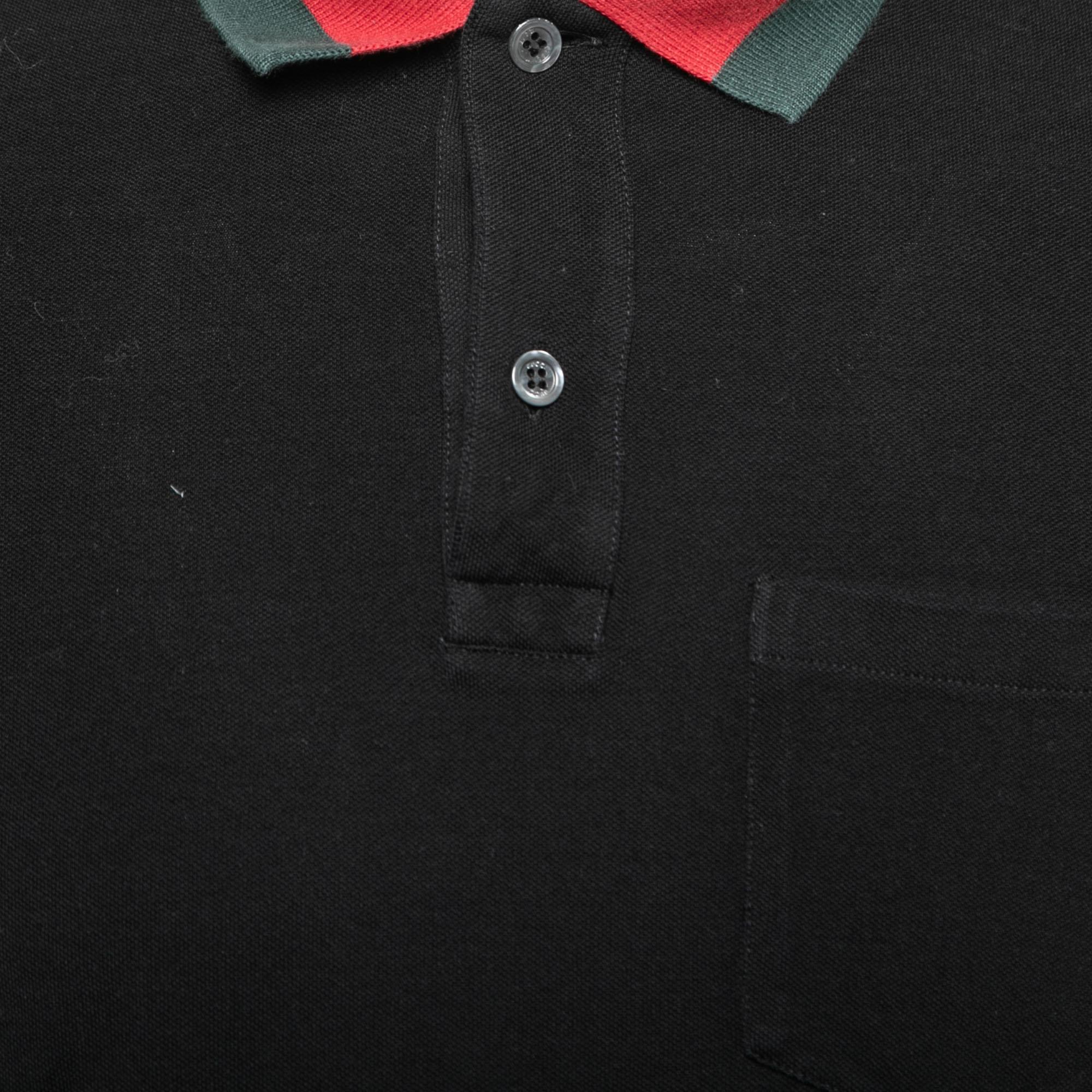 Gucci Black Cotton Pique Web Trimmed Polo T-Shirt S In Good Condition In Dubai, Al Qouz 2