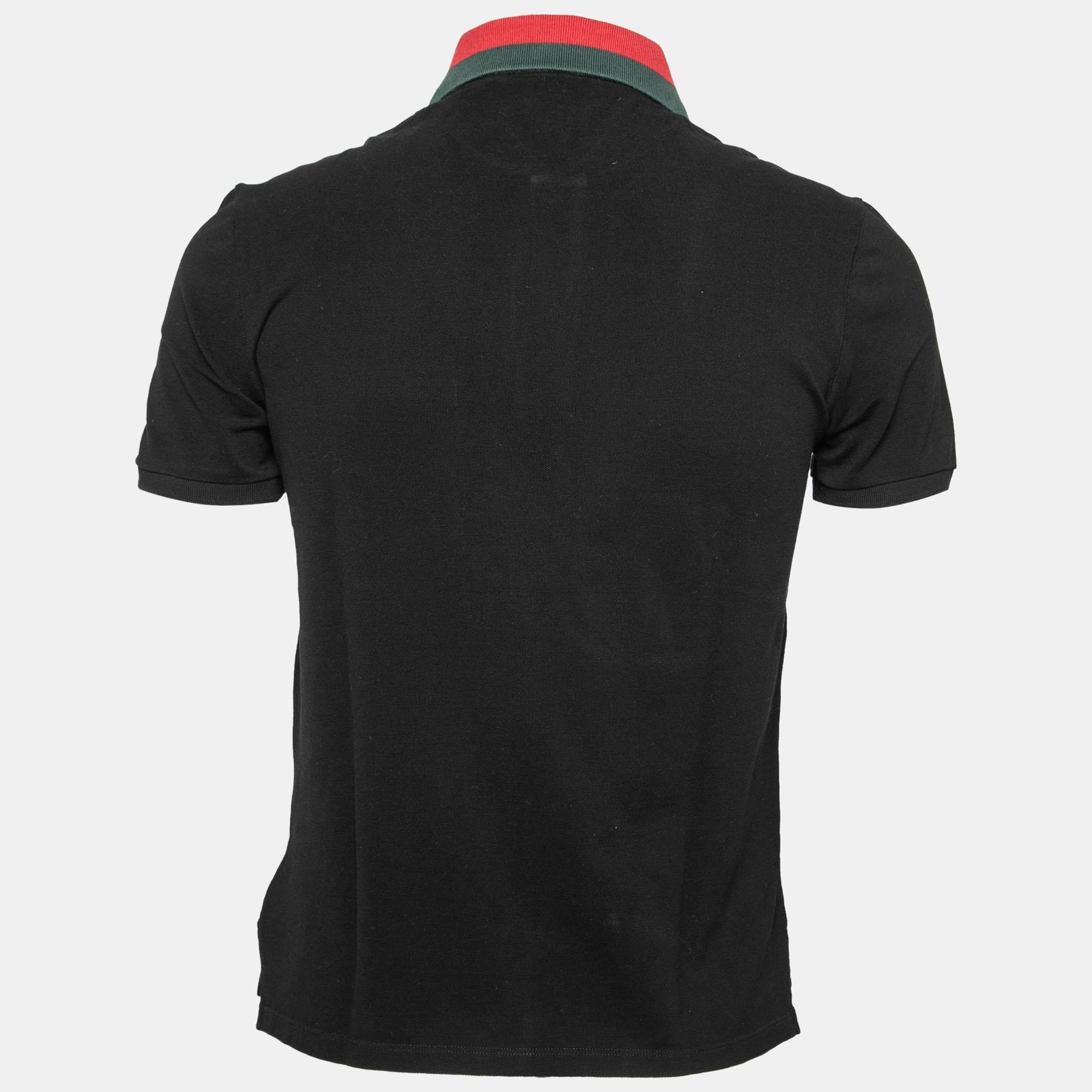 Men's Gucci Black Cotton Pique Web Trimmed Polo T-Shirt S