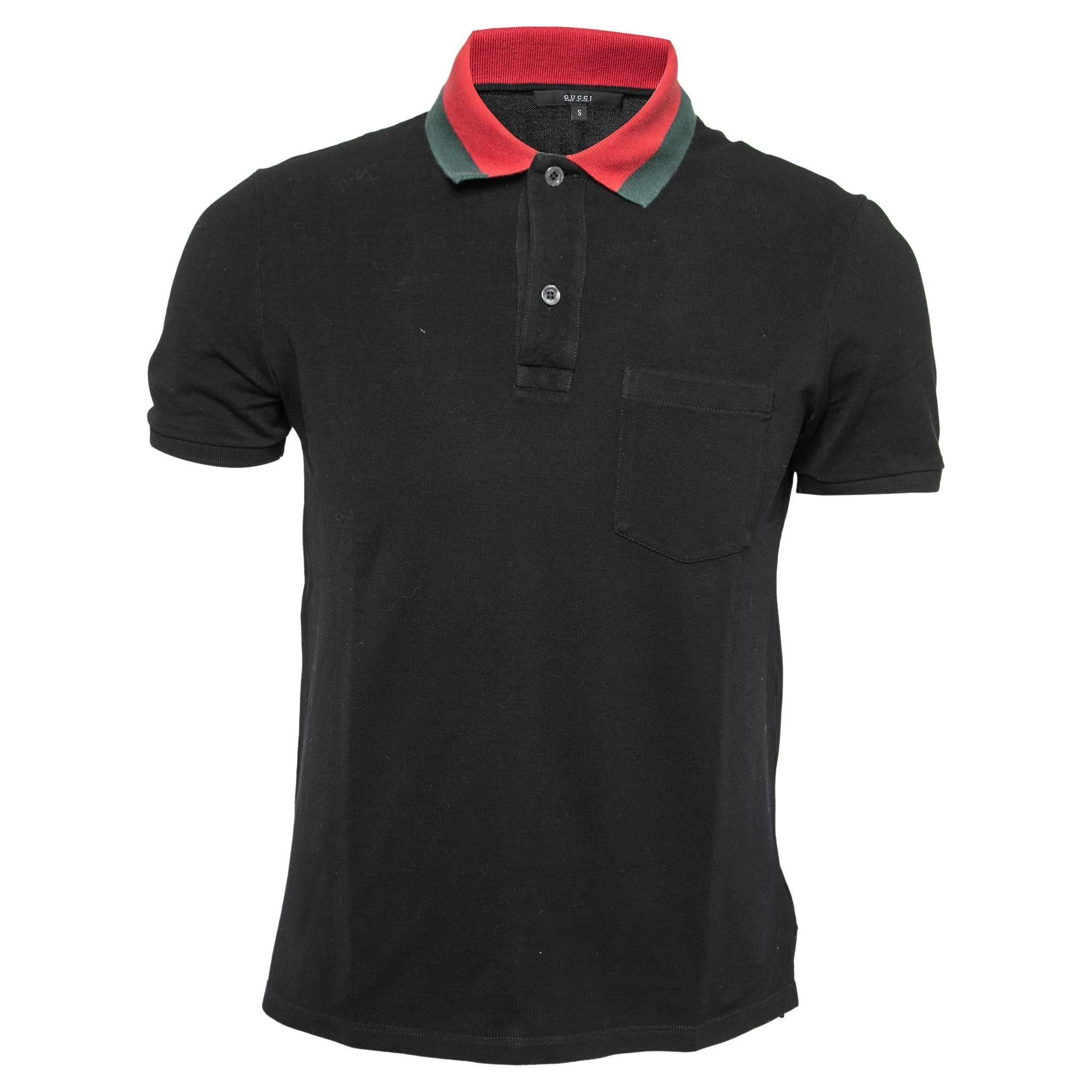 Gucci Black Cotton Pique Web Trimmed Polo T-Shirt S For Sale at 1stDibs