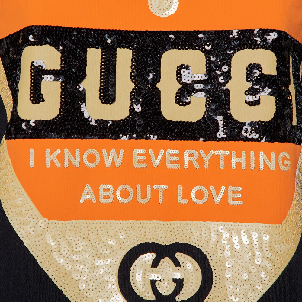 Women's Gucci Black Cotton Sequin Embellished Logo Heart Detail Crewneck Sweatshirt XS