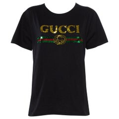 Gucci Black Cotton Sequin Embellished Tiger & Logo Detail Oversized T-shirt XS