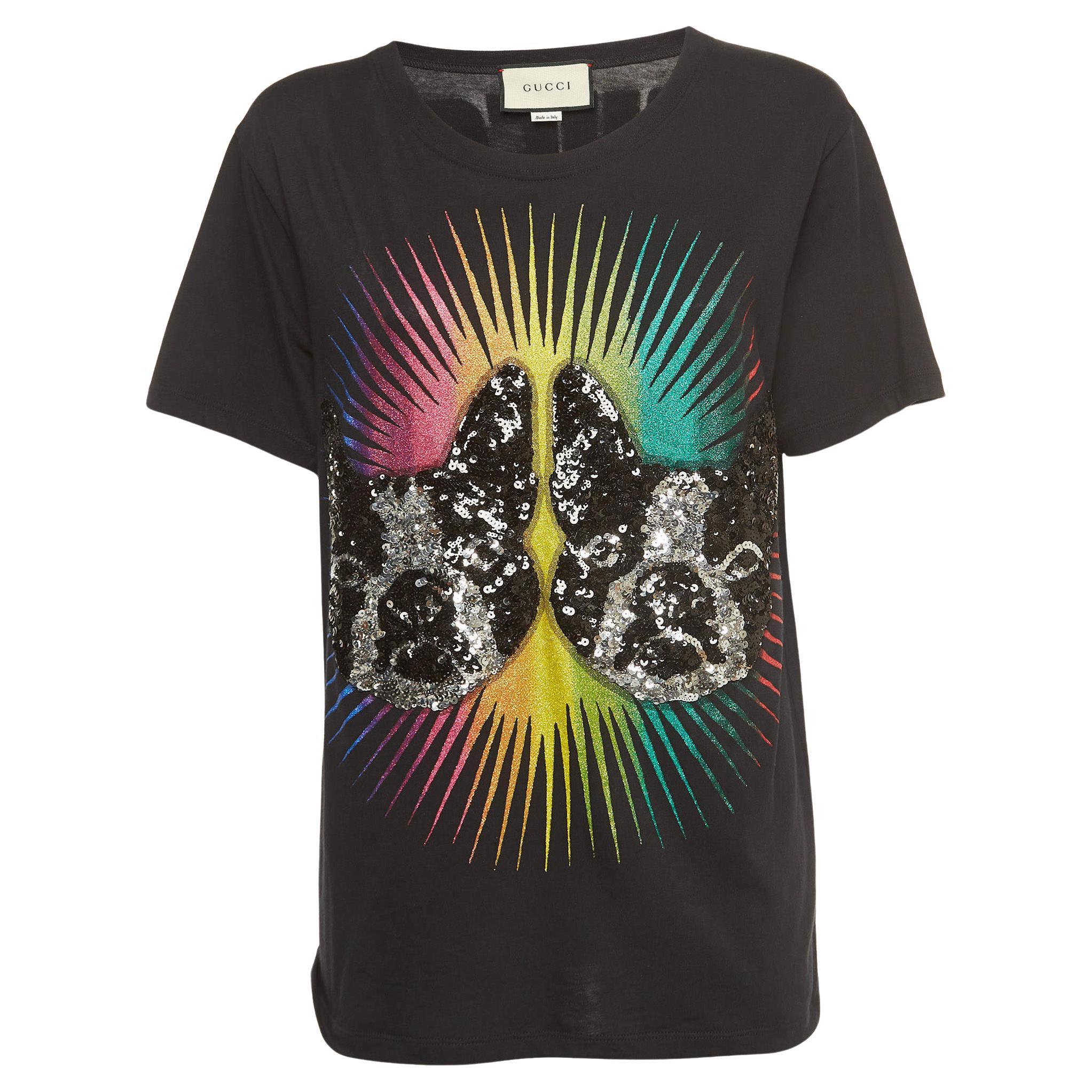 Gucci Black Cotton Sequined Dog Print T-Shirt XS For Sale