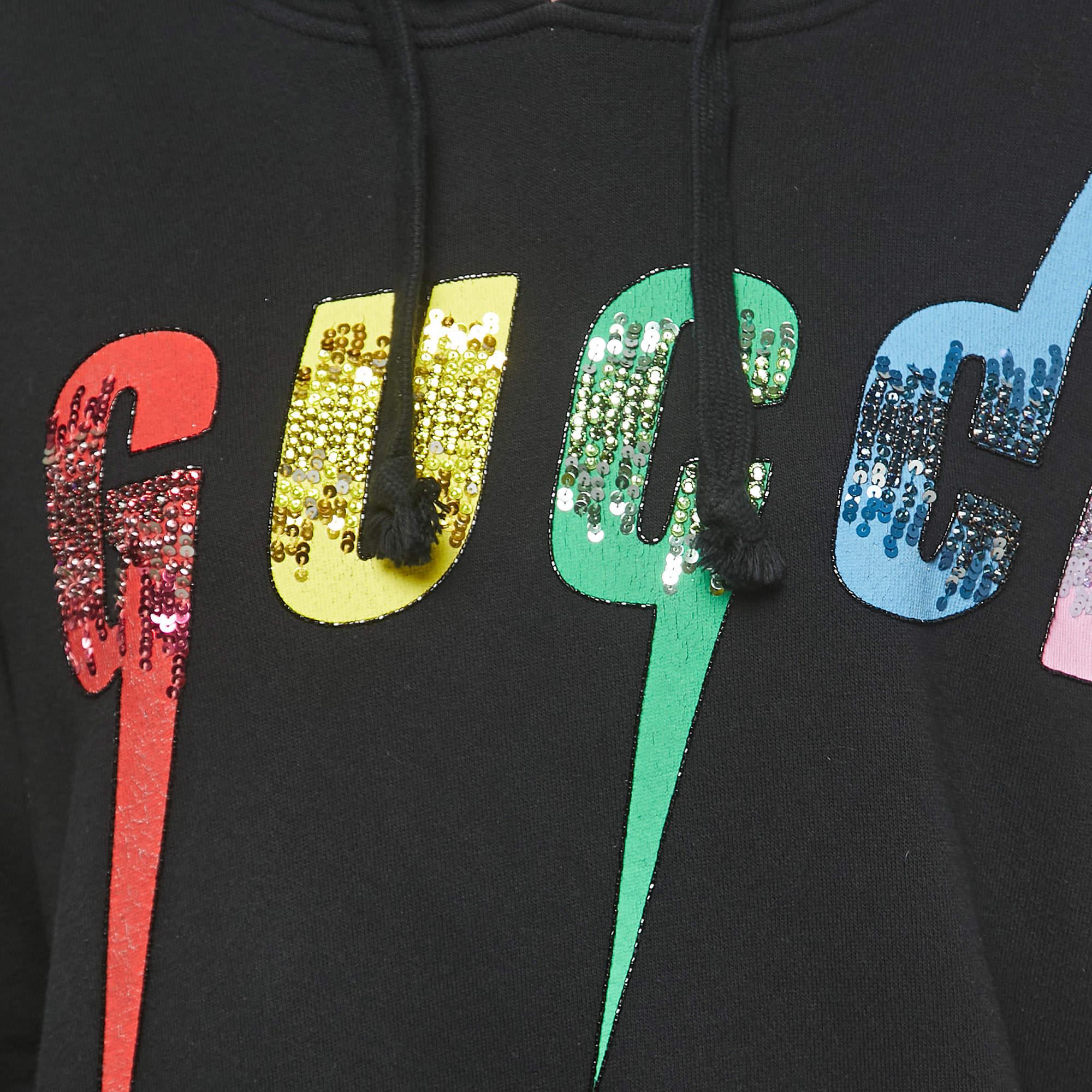 Gucci Black Cotton Sequined Logo Hooded Oversized Sweatshirt XS For Sale 1