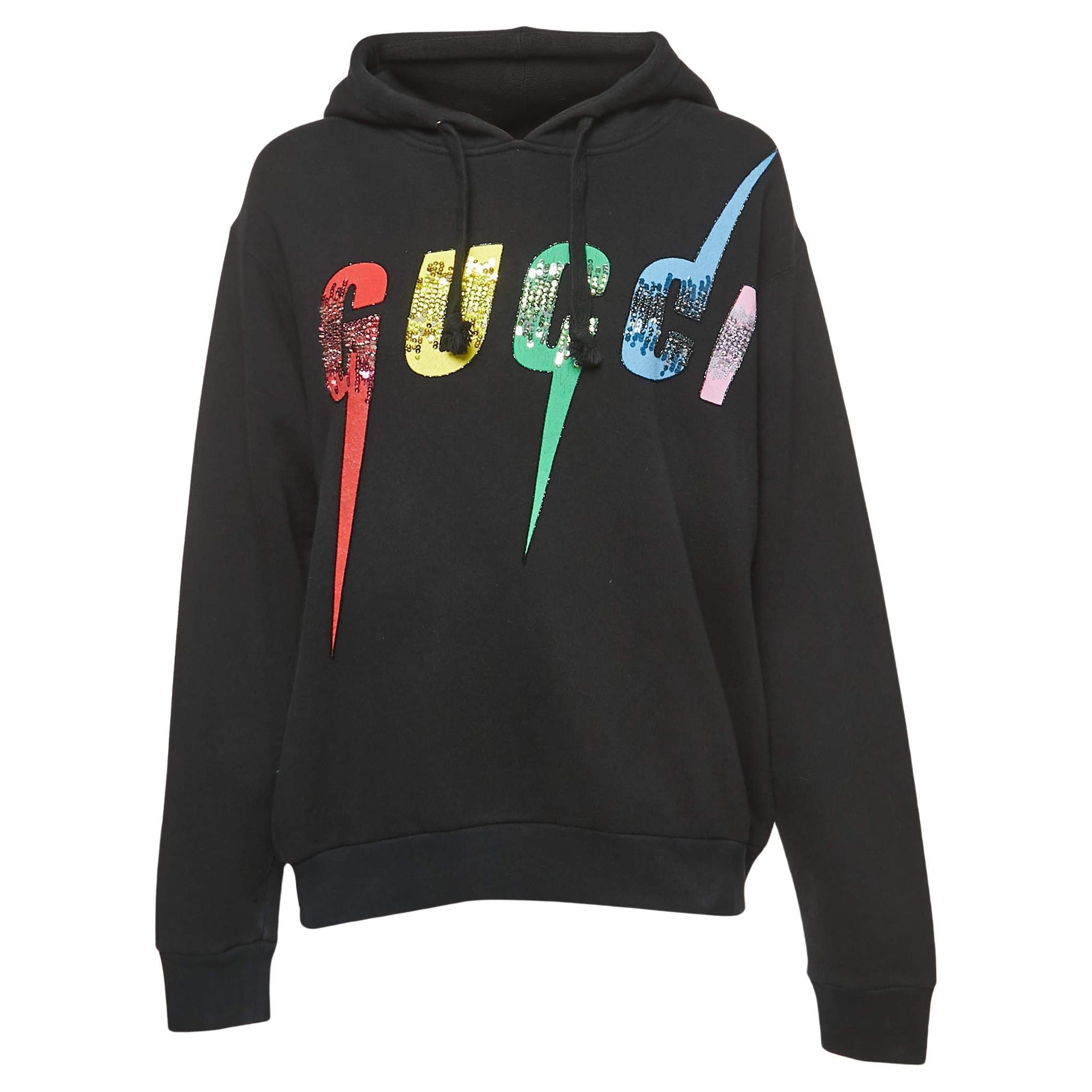 Gucci Black Cotton Sequined Logo Hooded Oversized Sweatshirt XS For Sale