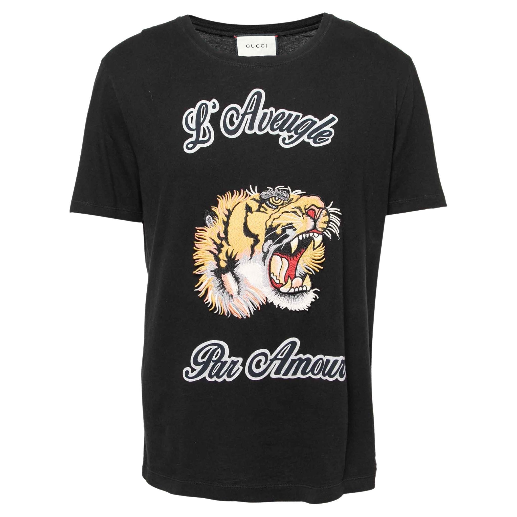 Gucci Black Cotton Tiger Embroidered Cotton T-Shirt L