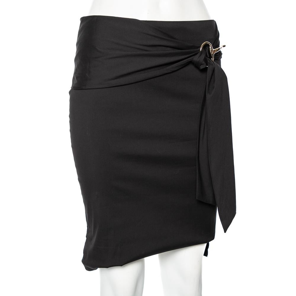 Gucci Black Cotton Waist Tie Detail Knee Length Skirt S In Good Condition For Sale In Dubai, Al Qouz 2
