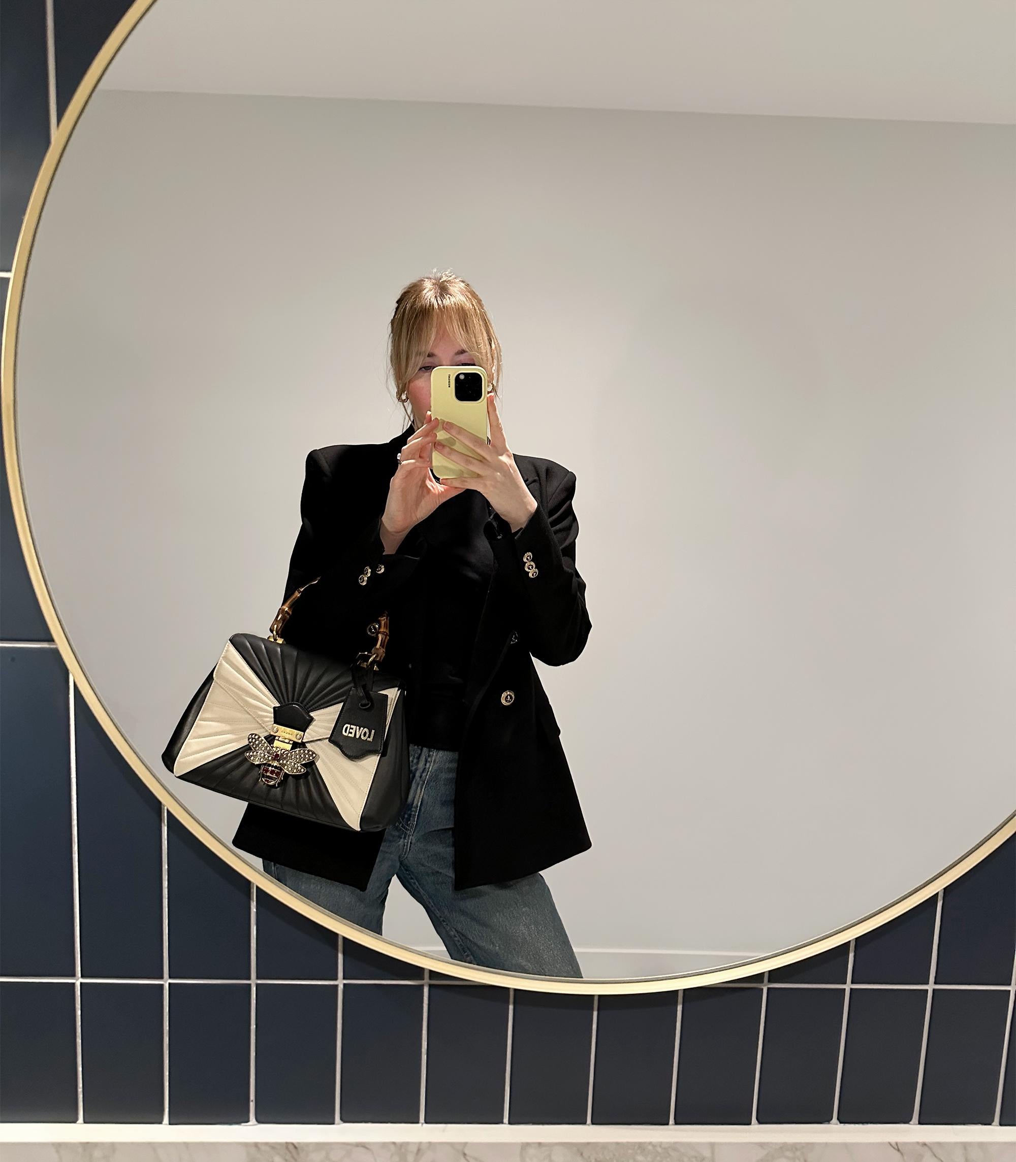 Gucci - Sac à main Top Handle en cuir Queen Margaret Bamboo noir et crème en vente 5