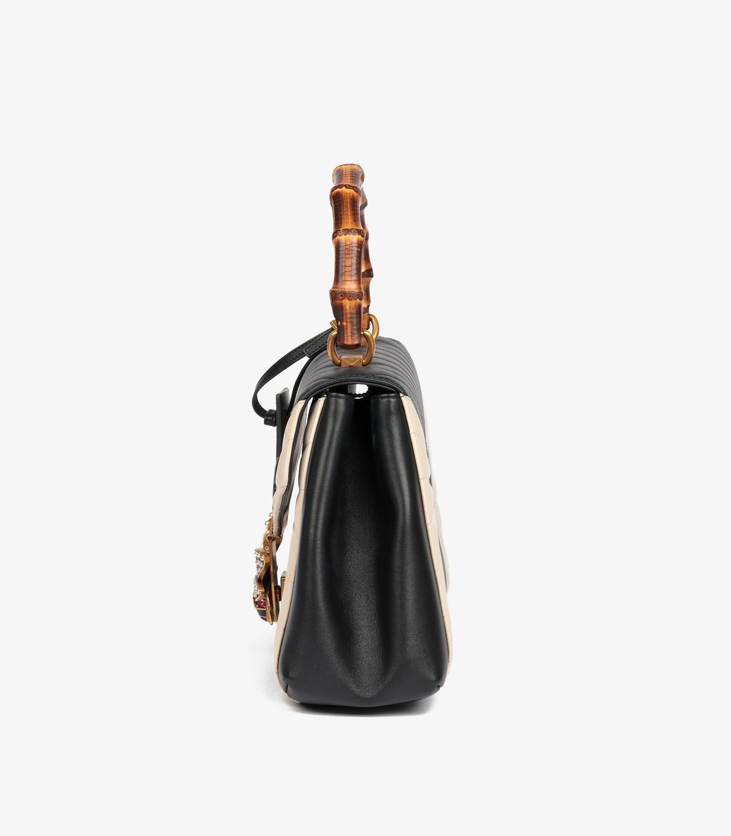 Women's or Men's Gucci Black & Cream Calfskin Leather Queen Margaret Bamboo Top Handle Bag For Sale