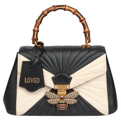 Gucci Black & Cream Calfskin Leather Queen Margaret Bamboo Top Handle Bag