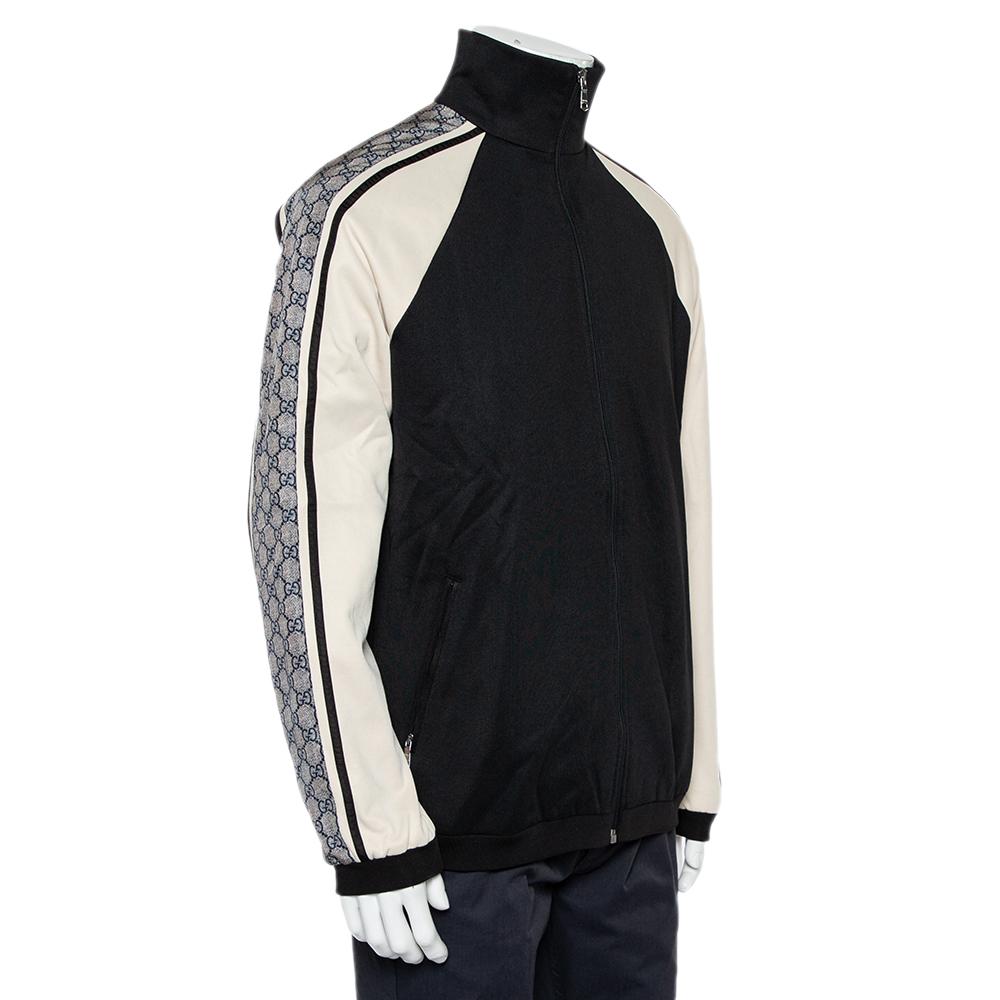 Gucci Black & Cream Jersey Shoulder Strip Detail Oversized Technical Jacket XS In Excellent Condition In Dubai, Al Qouz 2