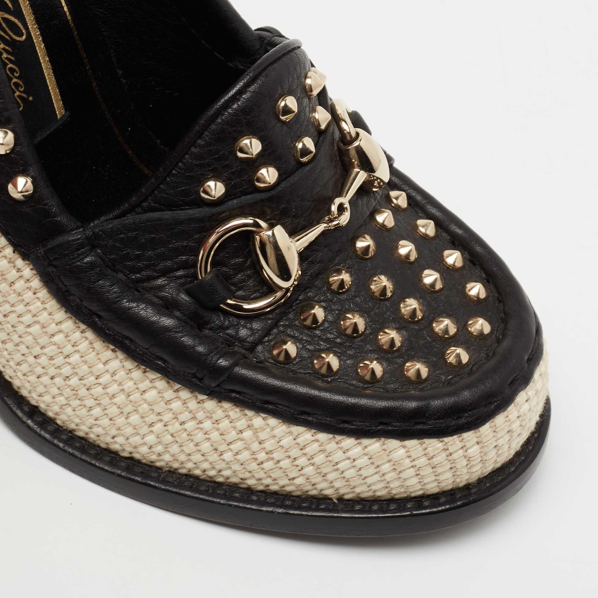 Women's Gucci Black/Cream Leather Straw Studded Horsebit Alyssa Loafer Pumps Size 36.5