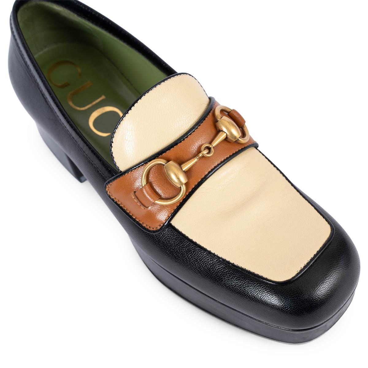 GUCCI black cream tan leather 2019 HORSEBIT PLATFORM Loafers Shoes 36 fit 36.5 For Sale 2