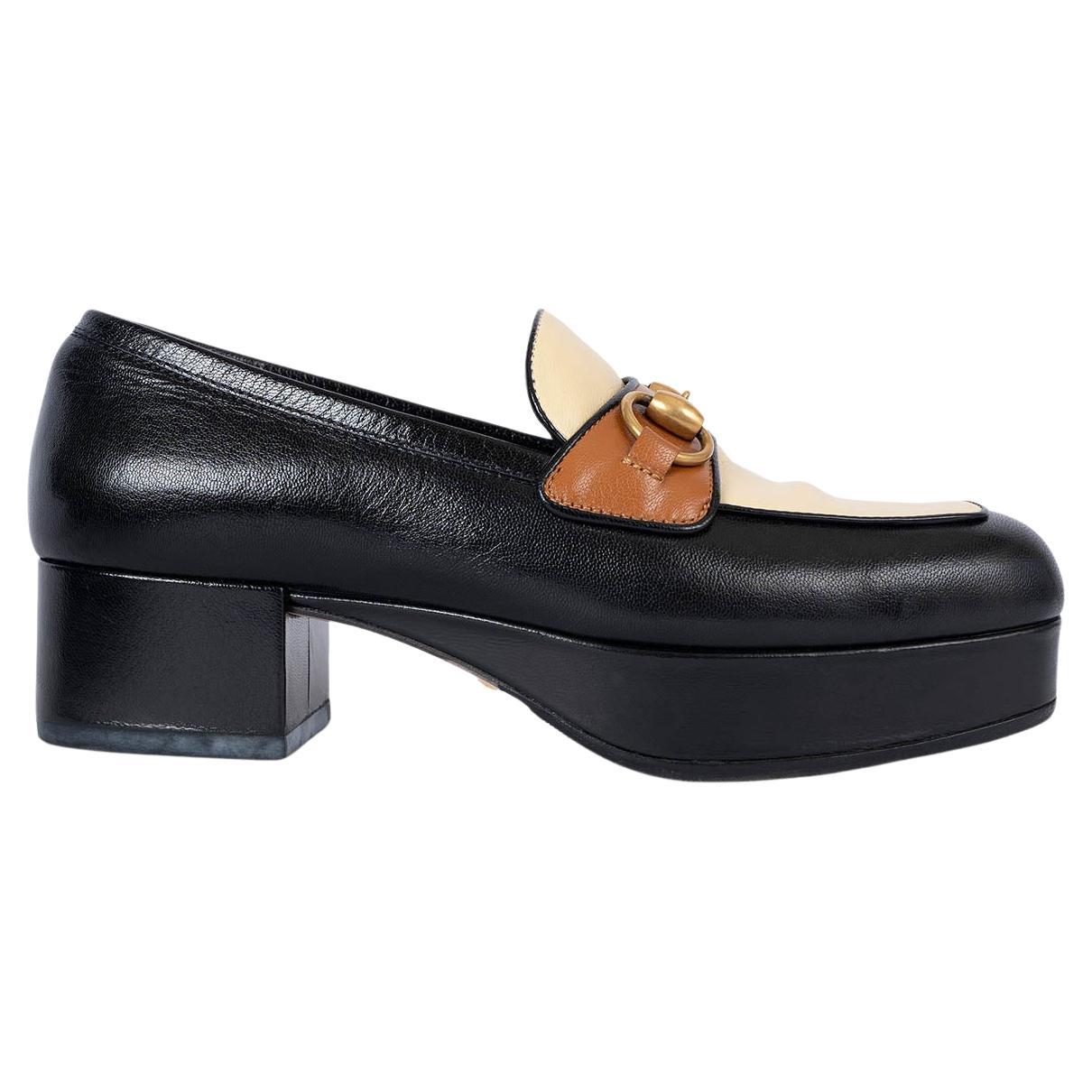 GUCCI black cream tan leather 2019 HORSEBIT PLATFORM Loafers Shoes 36 fit 36.5 For Sale