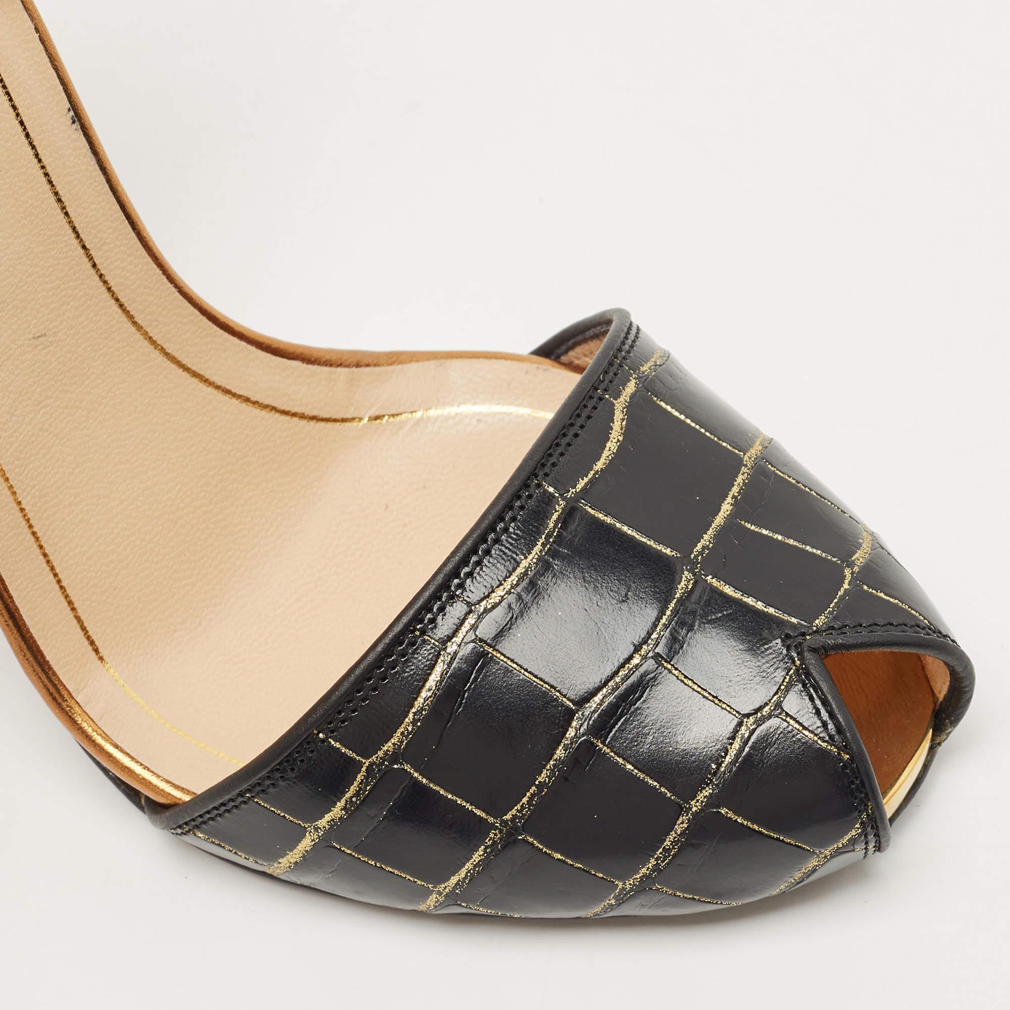 Gucci Black Croc Embossed Leather Slingback Peep Toe Sandals Size 39 2