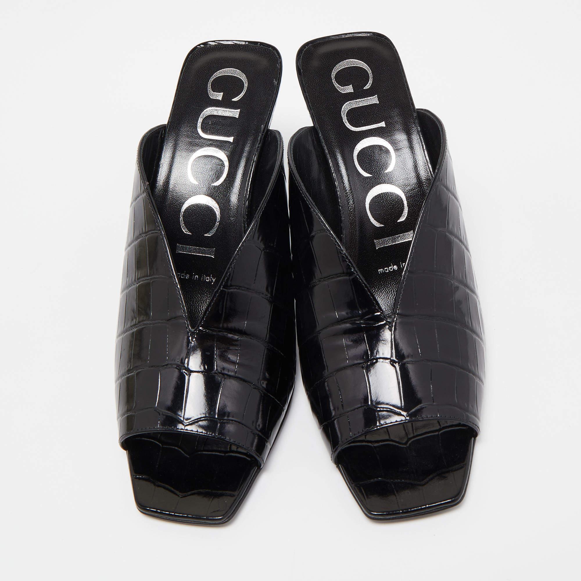 Gucci Black Croc Leather Open Toe Slide Mules Size 37.5 1