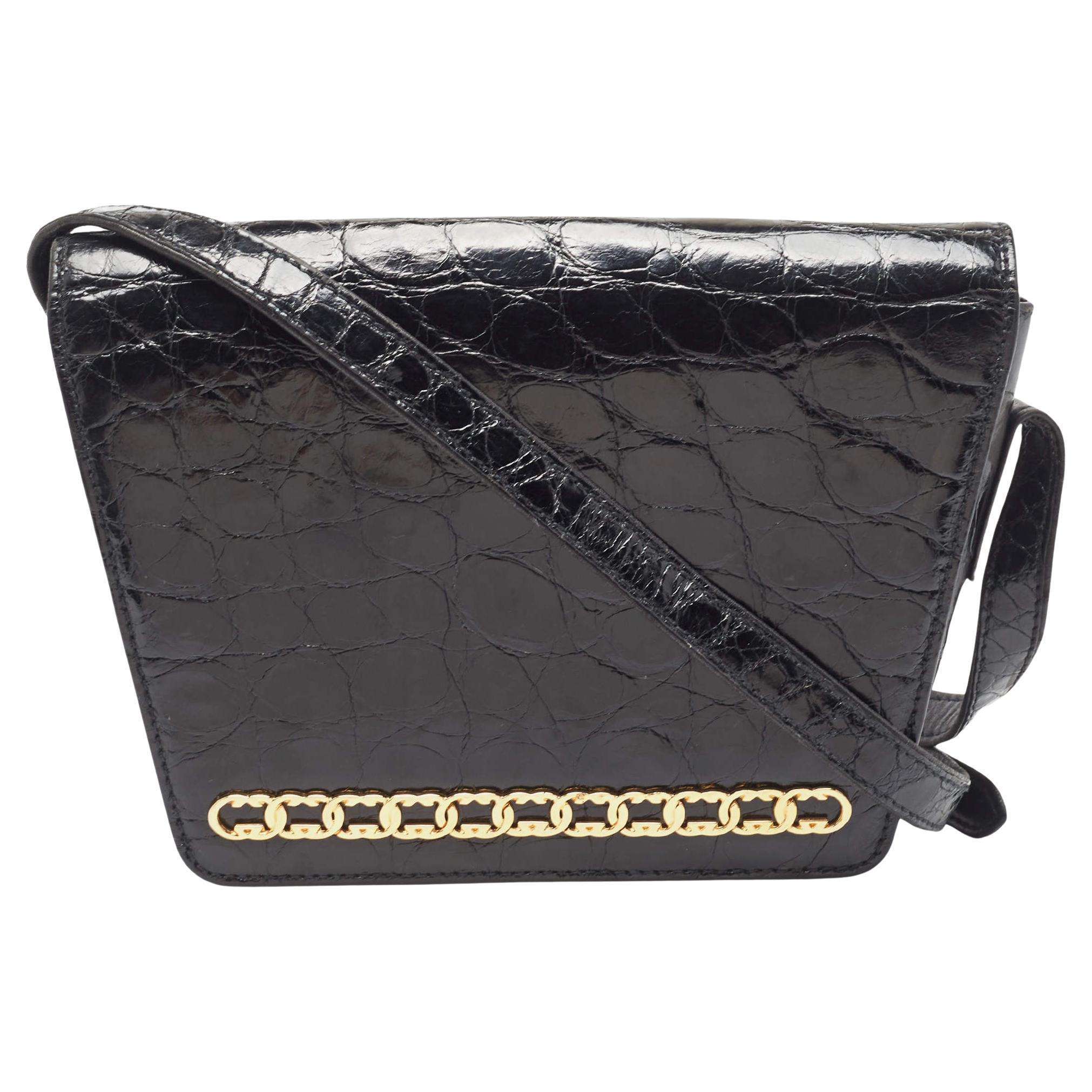 Gucci Black Crocodile Leather Interlocking GG Flap Crossbody Bag For Sale