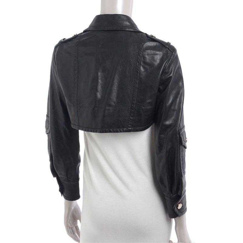 Gucci Black Cropped Leather Jacket S In Excellent Condition In Dubai, Al Qouz 2