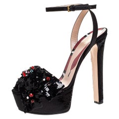 Gucci Black Crystal Embellished Sequins and Satin Bow Platform Sandals Size 39