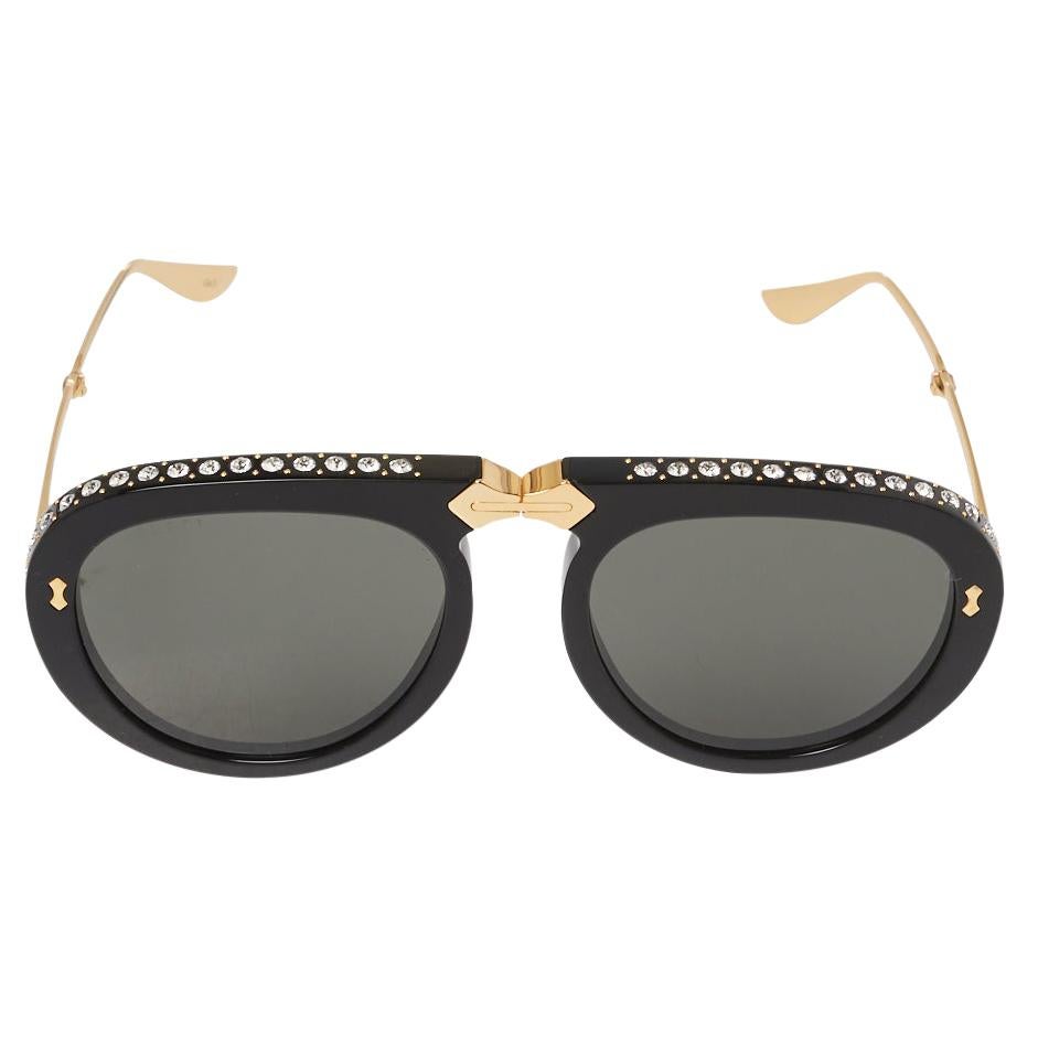 Gucci Black Crystal Studded / Grey GG0307S Foldable Pilot Sunglasses