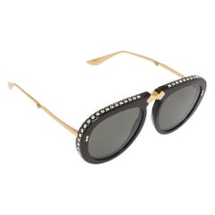 Gucci Black Crystal Studded / Grey GG0307S Foldable Pilot Sunglasses