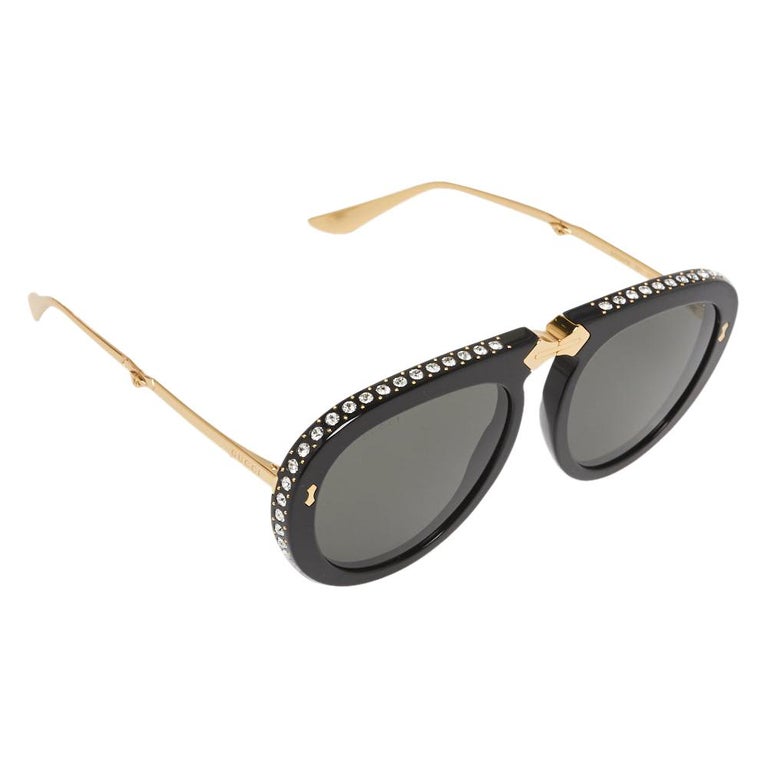 Gucci Black Crystal Studded / Grey GG0307S Foldable Pilot Sunglasses at  1stDibs