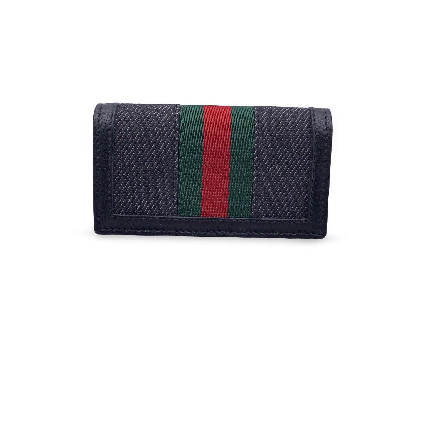 Gucci Black Denim Canvas and Leather Web 6 Key Case Holder Pouch In Excellent Condition For Sale In Rome, Rome