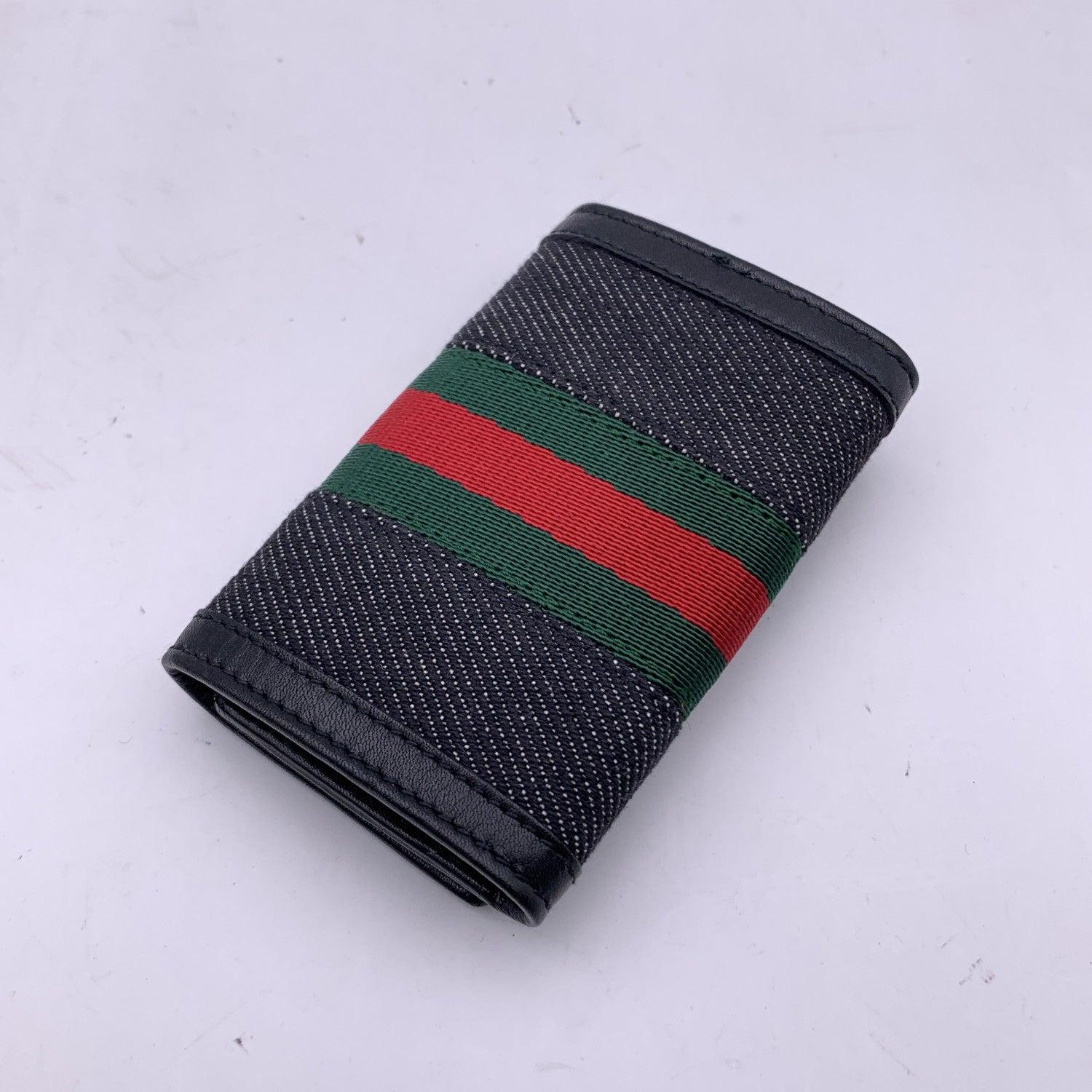 Women's or Men's Gucci Black Denim Canvas and Leather Web 6 Key Case Holder Pouch For Sale