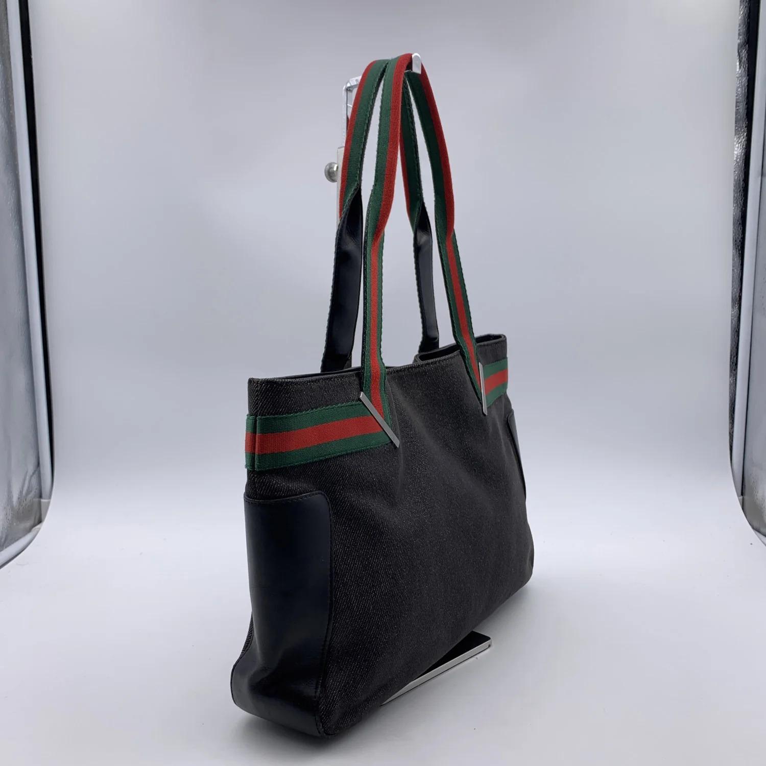 Women's Gucci Black Denim Canvas Shopping Bag Tote Handbag with Stripes