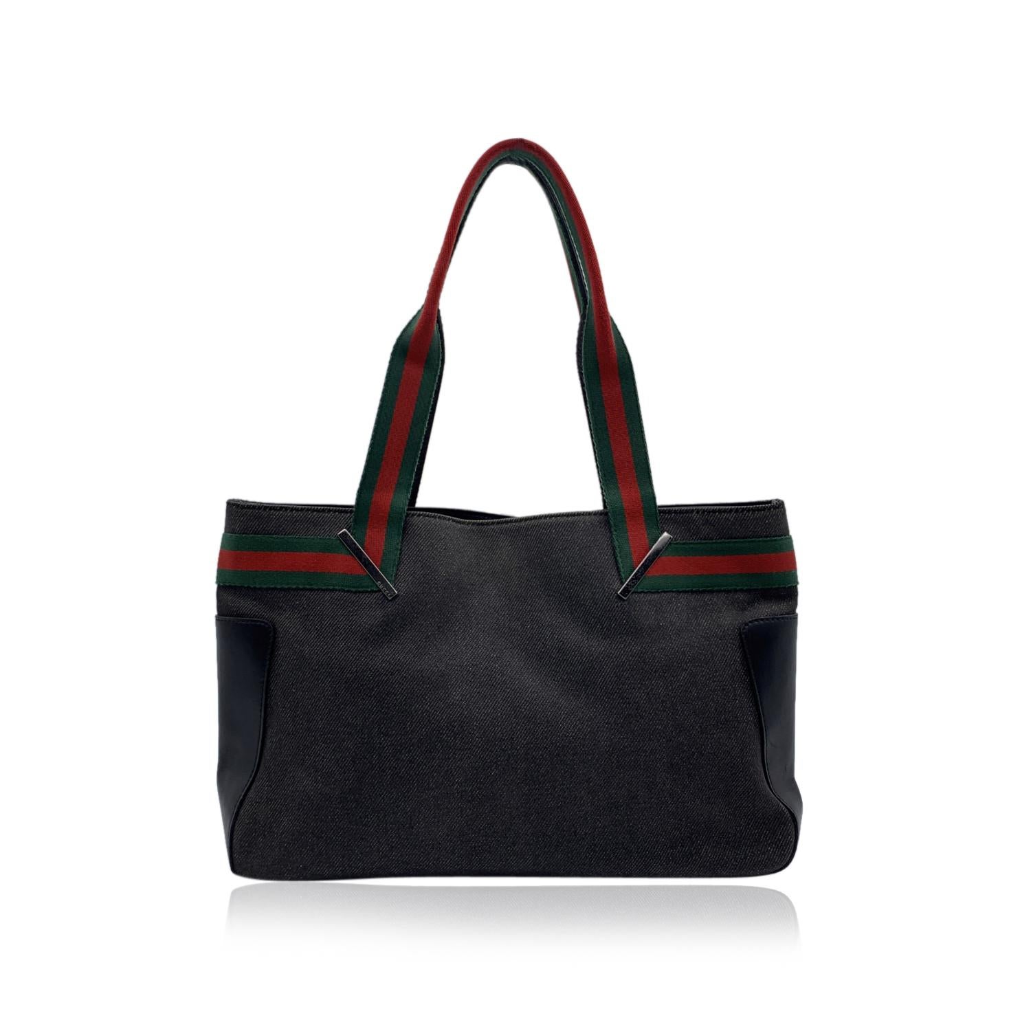 Gucci Black Denim Canvas Shopping Bag Tote Handbag with Stripes In Excellent Condition In Rome, Rome