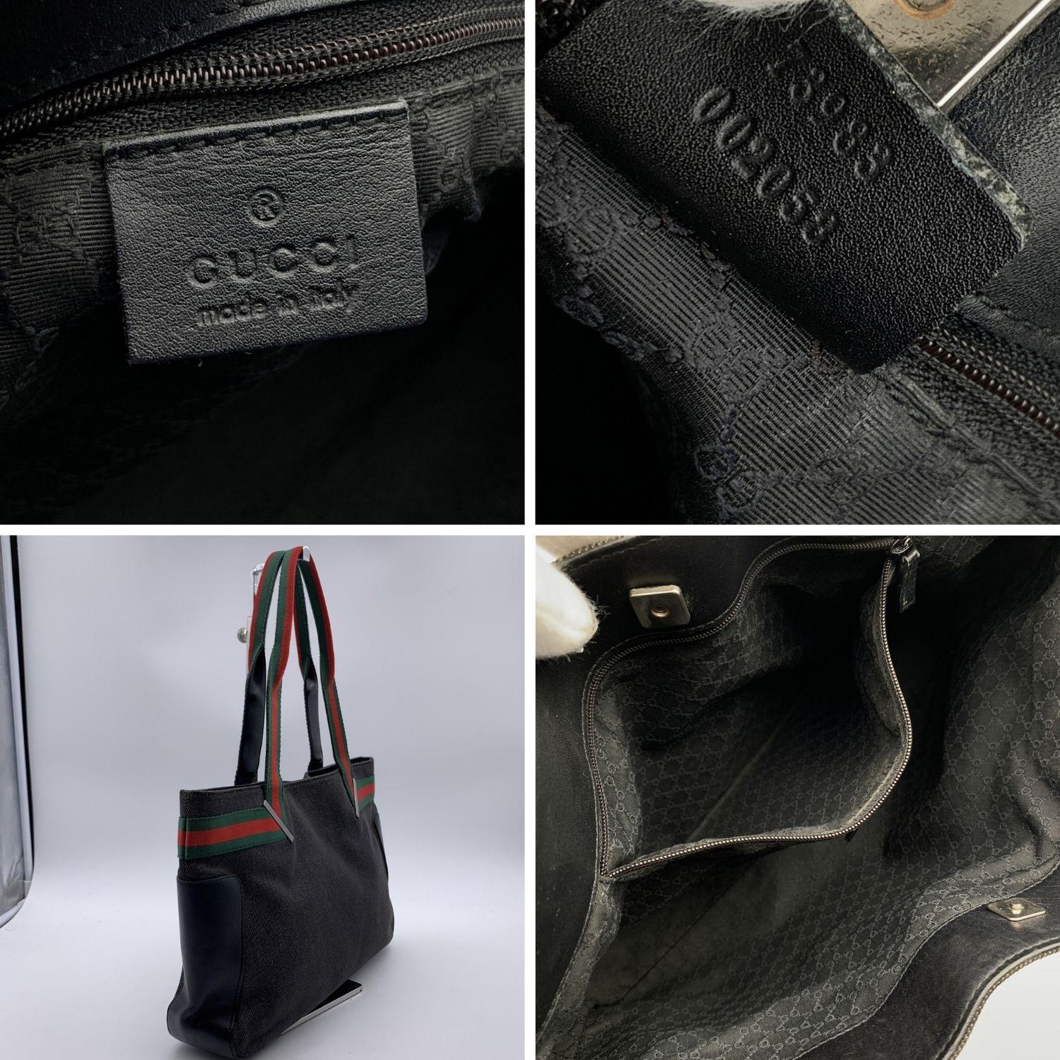 Gucci Black Denim Canvas Shopping Bag Tote Handbag with Stripes 2