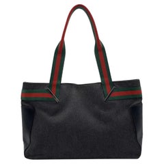 Gucci Black Denim Canvas Shopping Bag Tote Handbag with Stripes