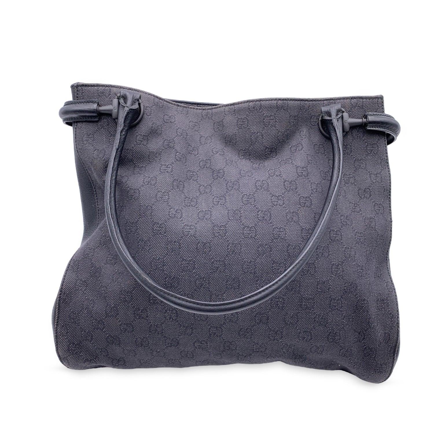 Gucci Black Denim Canvas Shoulder Bag Shopping Tote In Excellent Condition For Sale In Rome, Rome