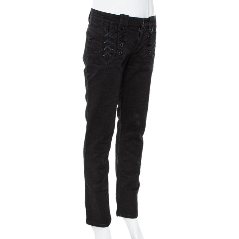 Gucci Black Denim Lace Up Detail Slim Fit Jeans M For Sale at 1stDibs
