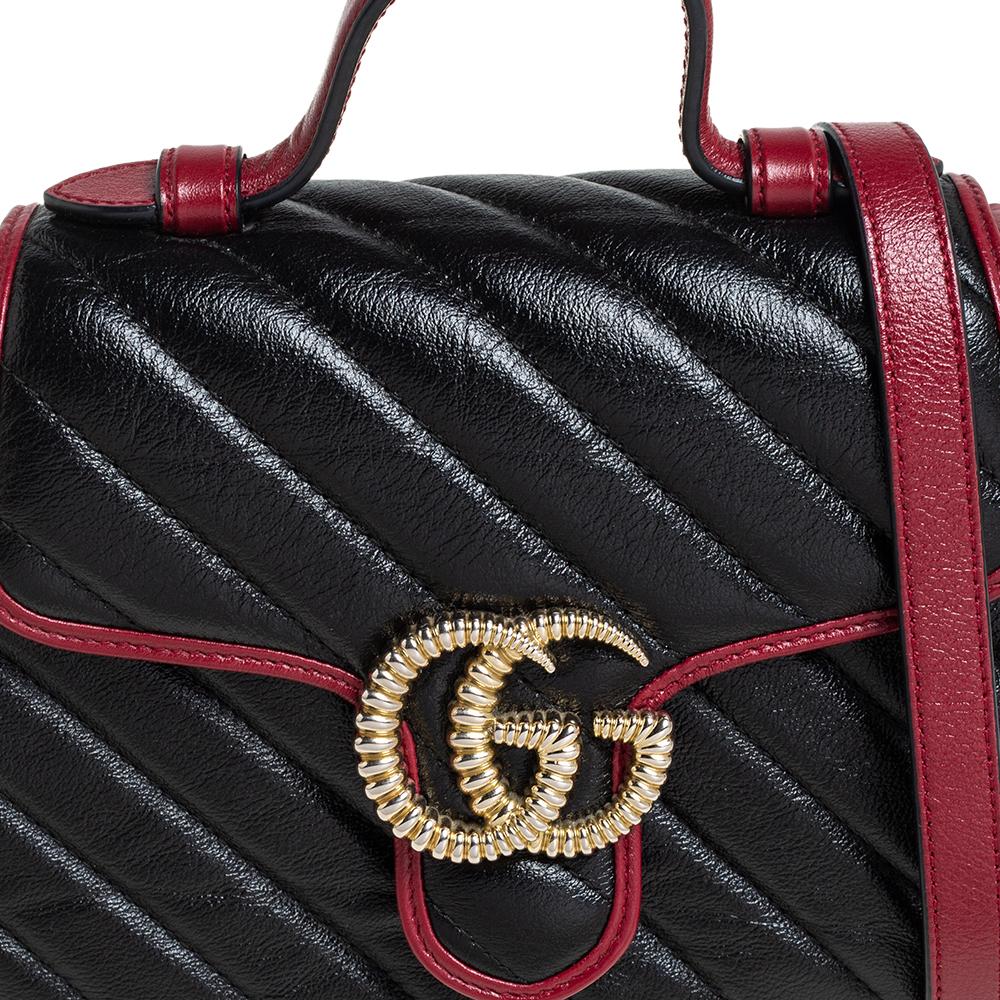 Gucci Black Diagonal Quilt Leather Mini GG Marmont Top Handle Bag 3