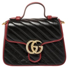 Gucci Black Diagonal Quilt Leather Mini GG Marmont Top Handle Bag