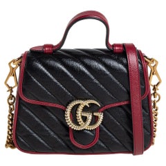 Gucci Black Diagonal Quilted GG Leather Marmont Bamboo Top Handle