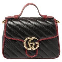 Gucci Black Diagonal Quilt Leather Mini GG Marmont Torchon Top Handle Bag