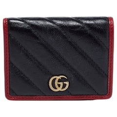 Gucci Black Diagonal Quilt Leather Torchon GG Marmont Compact Wallet