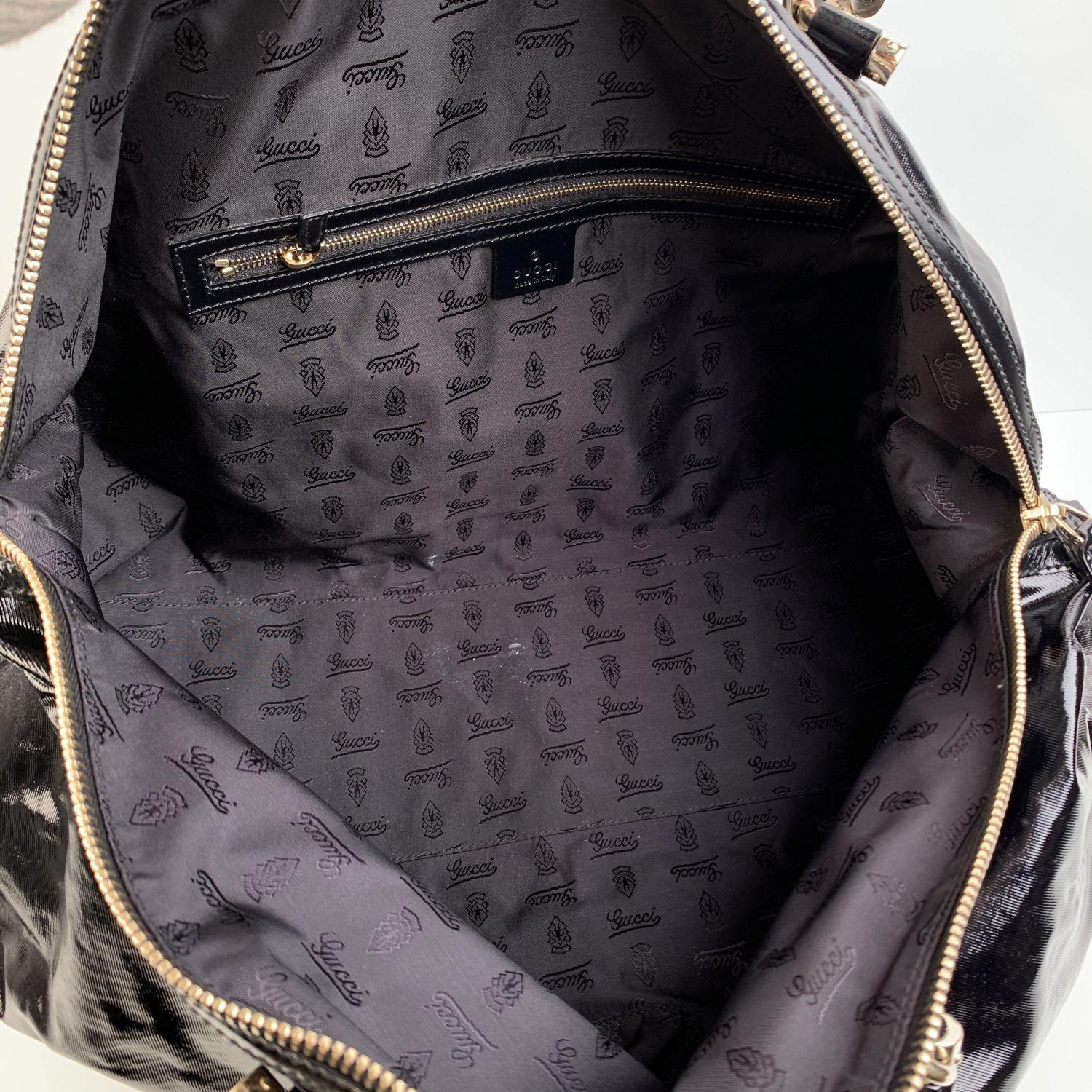 Women's Gucci Black Dialux Canvas Pop Bamboo Handbag Satchel Bag with Strap