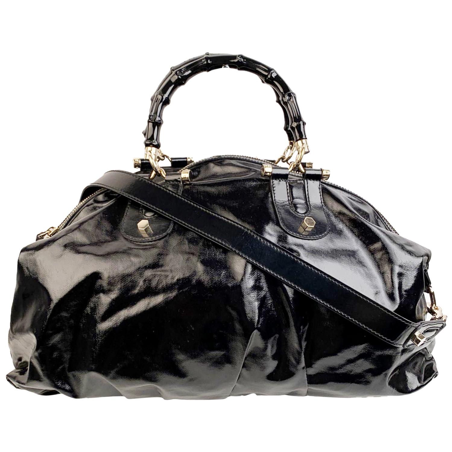 Gucci Black Dialux Canvas Pop Bamboo Handbag Satchel Bag with Strap