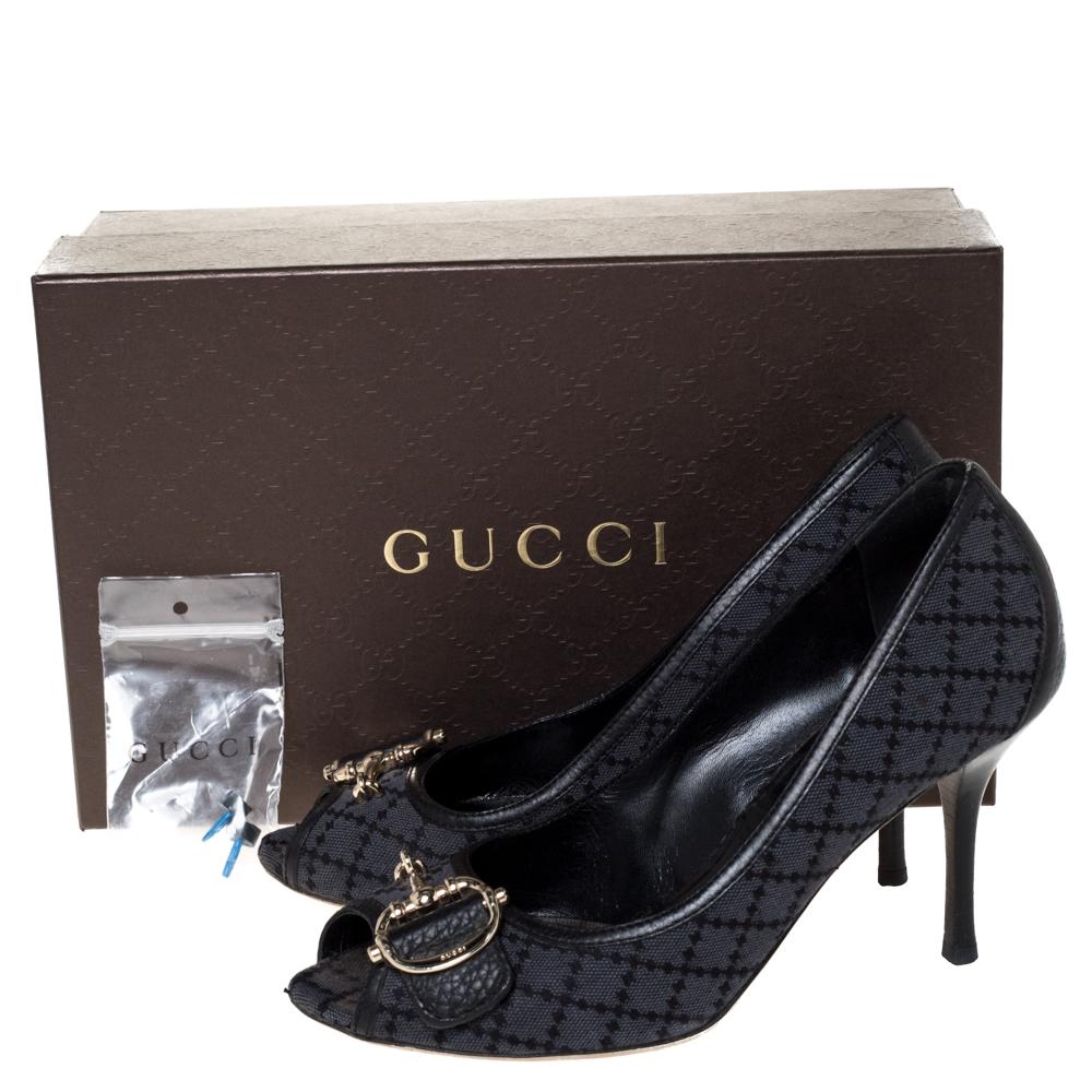 Gucci Black Diamante Canvas & Leather Trim Icon Bit Platform Peep Toe Pump 38 4